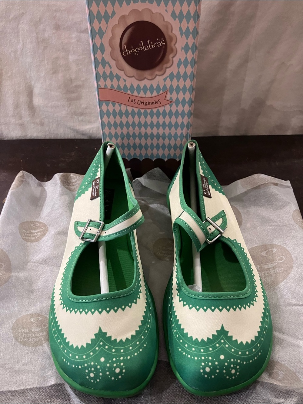 Chocoloticas Green and Cream Mary Jane Flats